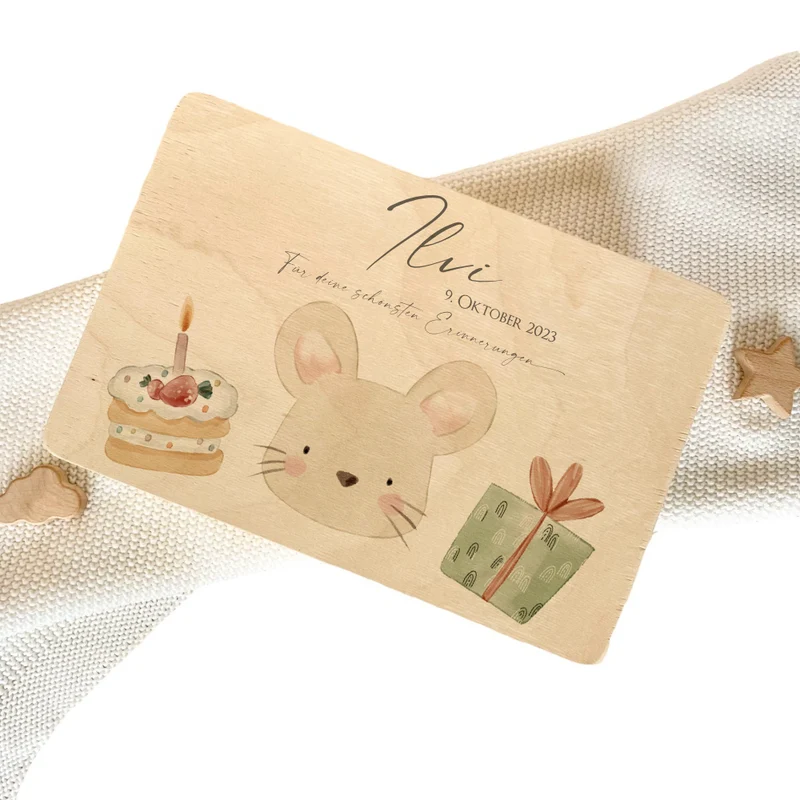 Personalisiertes Willkommensgeschenk aus Holz, Erinnerungsbox mit Motiv "Maus" für Babys, Kinder