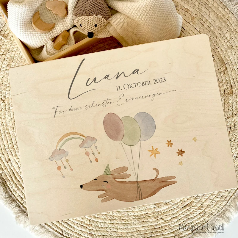 Personalisierte Erinnerungsbox aus Holz mit Motiv "Hund" für Babys, Kinder