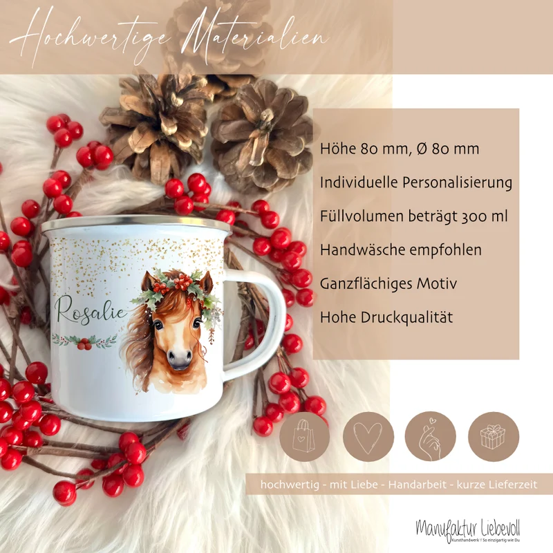 Kinder Weihnachtstasse "Pferd" | Tasse mit Namen personalisiert | Kinderbecher aus Emaille mit Weihnachtsmotiv "Pony" | Weihnachtsgeschenk Nikolaus für Mädchen | 7 Produktvarianten zur Auswahl