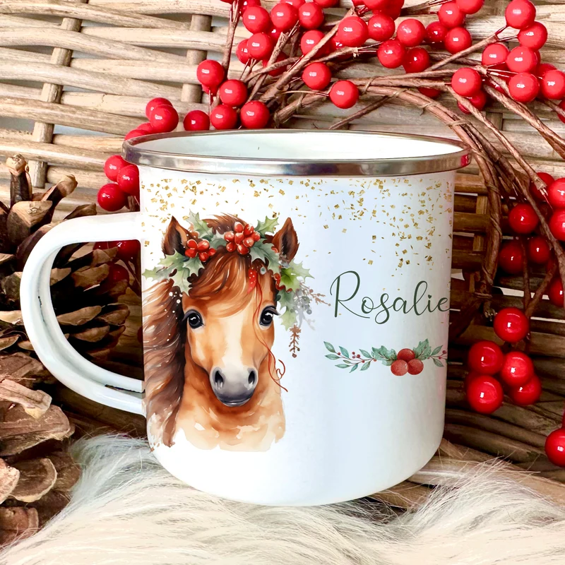 Kinder Weihnachtstasse "Pferd" | Tasse mit Namen personalisiert | Kinderbecher aus Emaille mit Weihnachtsmotiv "Pony" | Weihnachtsgeschenk Nikolaus für Mädchen | 7 Produktvarianten zur Auswahl