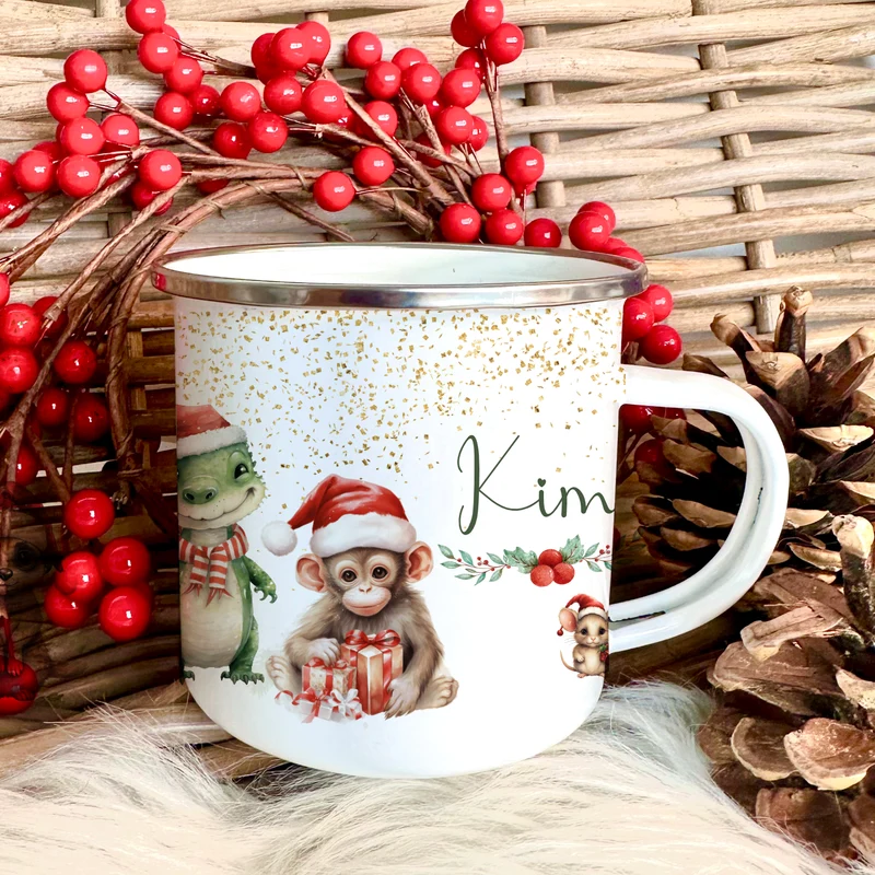 Kinder Weihnachtstasse "Pferd" | Tasse mit Namen personalisiert | Kinderbecher aus Emaille mit Weihnachtsmotiv "Pony" | Weihnachtsgeschenk Nikolaus für Mädchen | 7 Produktvarianten zur Auswahl