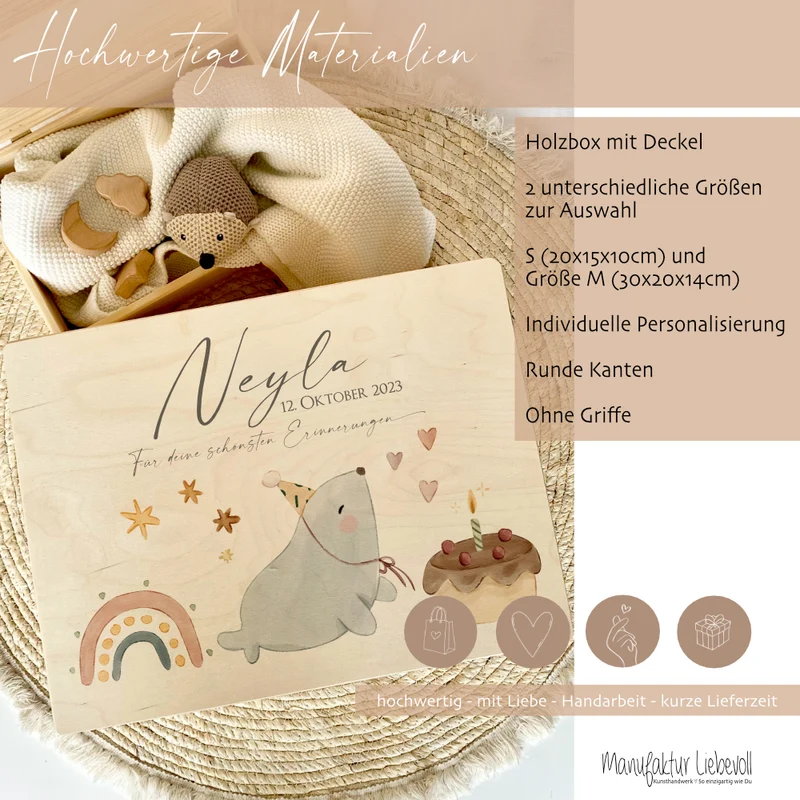 Personalisierte Holz Erinnerungsbox mit Motiv "Seerobbe"