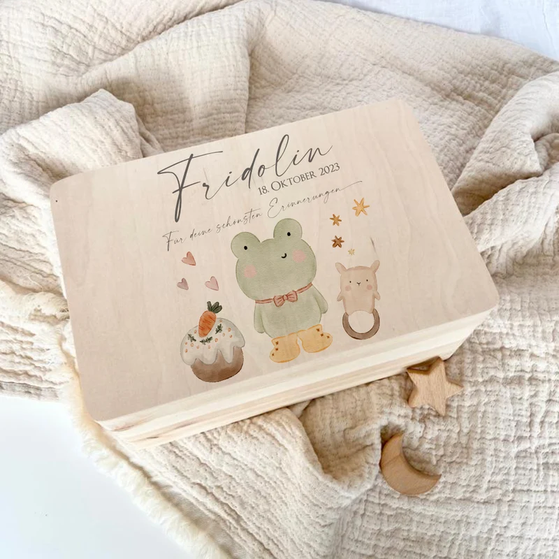 Personalisierte Erinnerungsbox aus Holz mit Motiv "Frosch" für Babys, Kinder