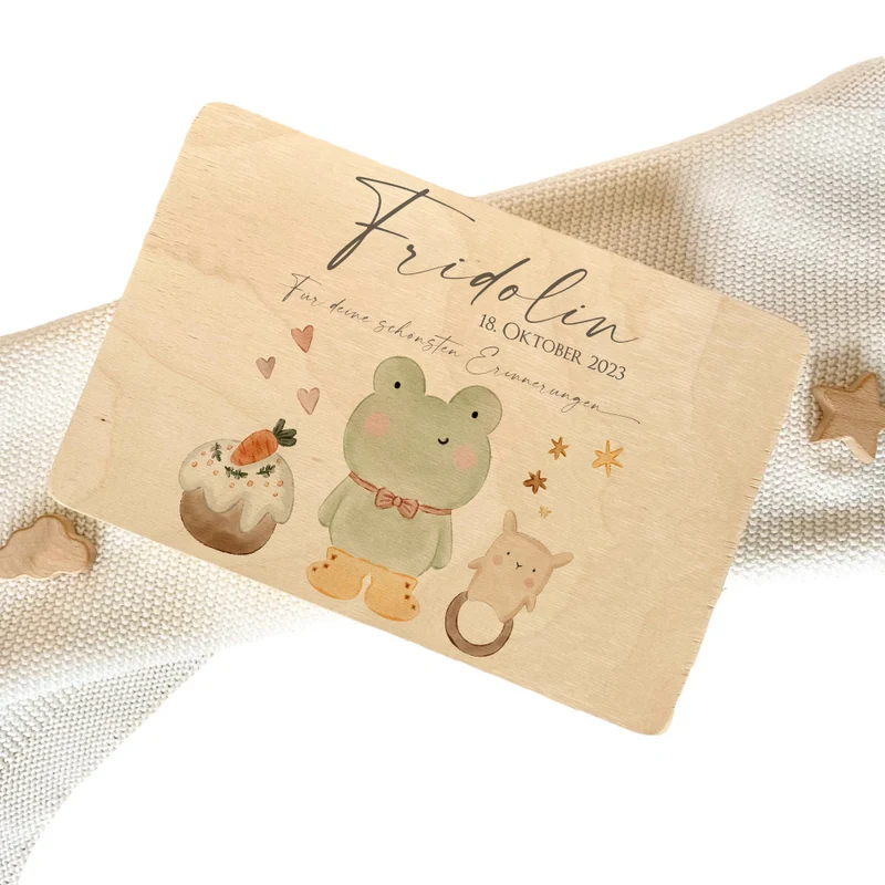 Personalisierte Erinnerungsbox aus Holz mit Motiv "Frosch" für Babys, Kinder