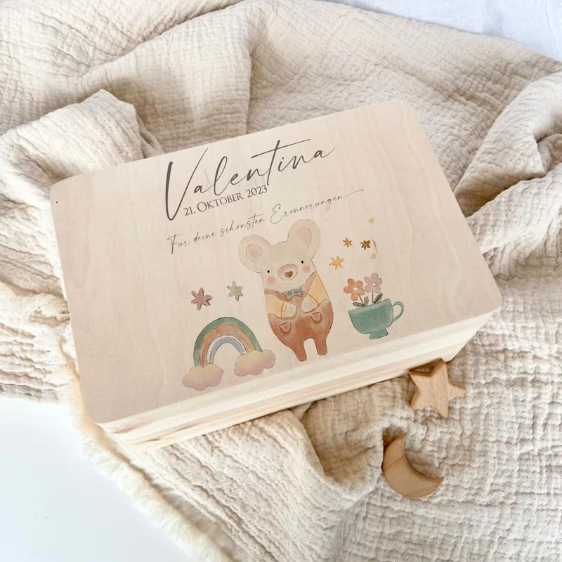 Erinnerungsbox aus Holz für Babys zur Geburt, Taufe, zum ersten Geburtstag | Personalisierte Holzkiste mit Motiv Maus