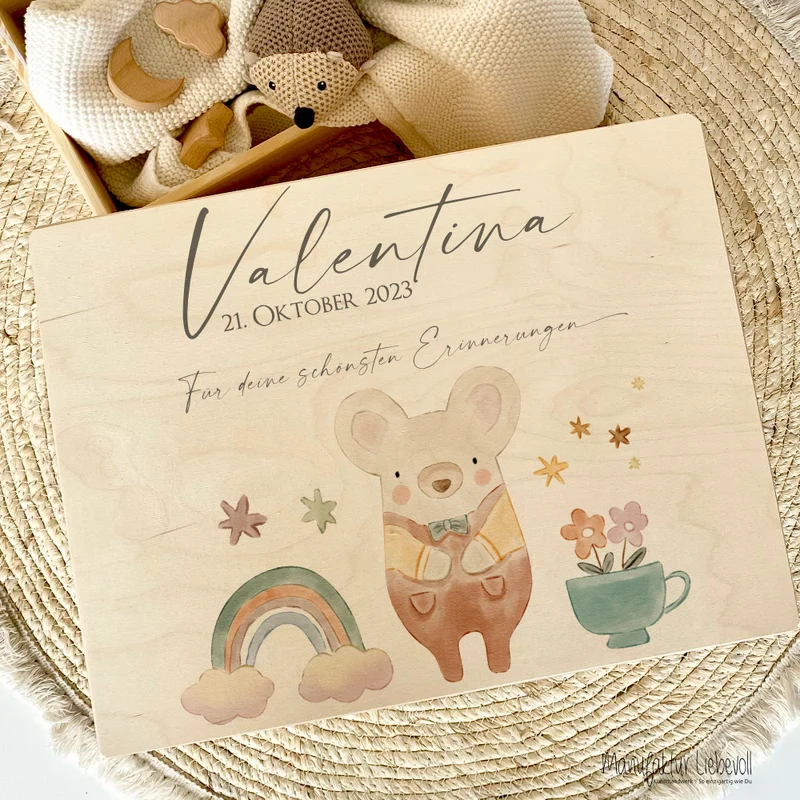 Erinnerungsbox aus Holz für Babys zur Geburt, Taufe, zum ersten Geburtstag | Personalisierte Holzkiste mit Motiv Maus