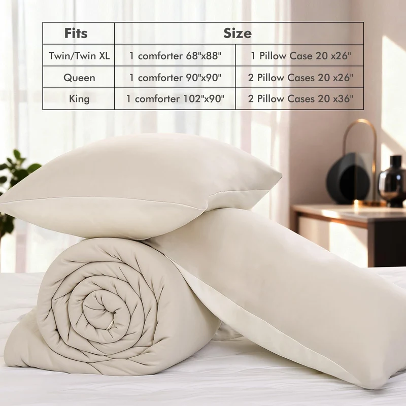 Elegear Comforter Set - Beige, Reversible Ultra-Soft Micro Fleece, PCM Temperature-Regulating, Lightweight All-Season Bedding Set (3 Pieces)