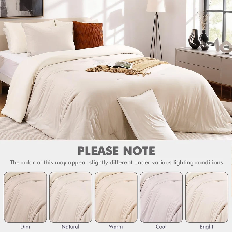 Elegear Comforter Set - Beige, Reversible Ultra-Soft Micro Fleece, PCM Temperature-Regulating, Lightweight All-Season Bedding Set (3 Pieces)