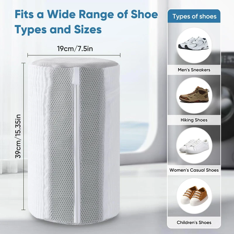 Shoe Washing Machine Bag 2Pack - Reusable Shoe Laundry Bag with Mesh Socks Bag - 360°Deep Protective Cleaning Bags for Sneakers Delicate Footwear - Home Dorm Travel Essentials, White