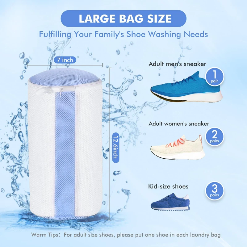 2Pcs Shoe Washing Machine Bags, Laundry Shoes Bag for Washer & Dryer, Reusable Shoe Cleaning Bag Fluffy Fiber Inside, Sneaker Tennis Laundry Bags for All Shoes, Large Size, 7 x 13 Inches