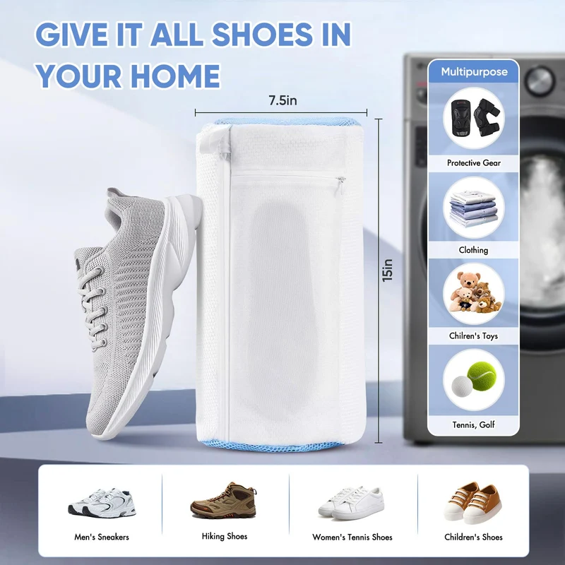Shoe Washing Machine Bag w/Shoe Trees to Prevent Deformation - Sneaker Cleaner Bag Reusable Lint-free Large Laundry Shoe Bag, Tennis Shoes Wash Kit Home Travel Essentials, White 2pcs