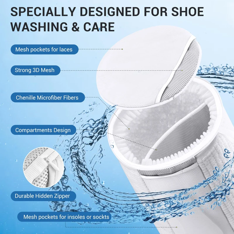 Large Shoe Bag for Washing Machine, Two-Zone Design, 2 Mesh Pockets, One-Step Wash for Complete Cleaning, Durable Invisible Zipper Sneaker Laundry Bag Home Dorm Essentials 9.45" x 13.8"