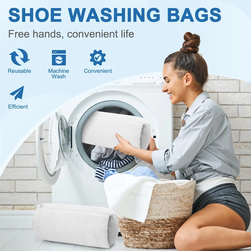 Shoe Washing Machine Bags - Invisible Zipper Side Opening Laundry Bags for Sneakers and All Shoe Sizes (White 2pcs)