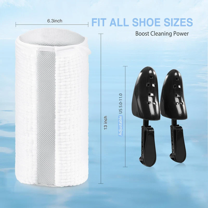Shoe Washing Bag for Washing Machine, Fluffy Fibers Keep 360° Wrap-around Cleaning, Adjustable Shoe Trees, Durable Hidden Zipper Reusable Laundry Bag for Sneaker Gym Shoes White
