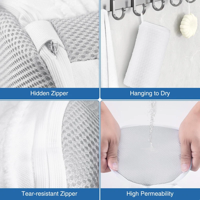 Shoe Washing Bag for Washing Machine, Fluffy Fibers Keep 360° Wrap-around Cleaning, Adjustable Shoe Trees, Durable Hidden Zipper Reusable Laundry Bag for Sneaker Gym Shoes White