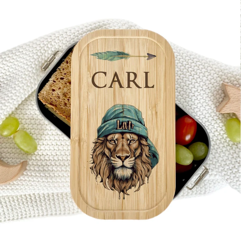 Brotdose "Löwe" wählbar in Edelstahl mit Bambusdeckel und Namen für Kinder | Brotbox mit Tier Motiv | Personalisiertes Geschenk für Kinder