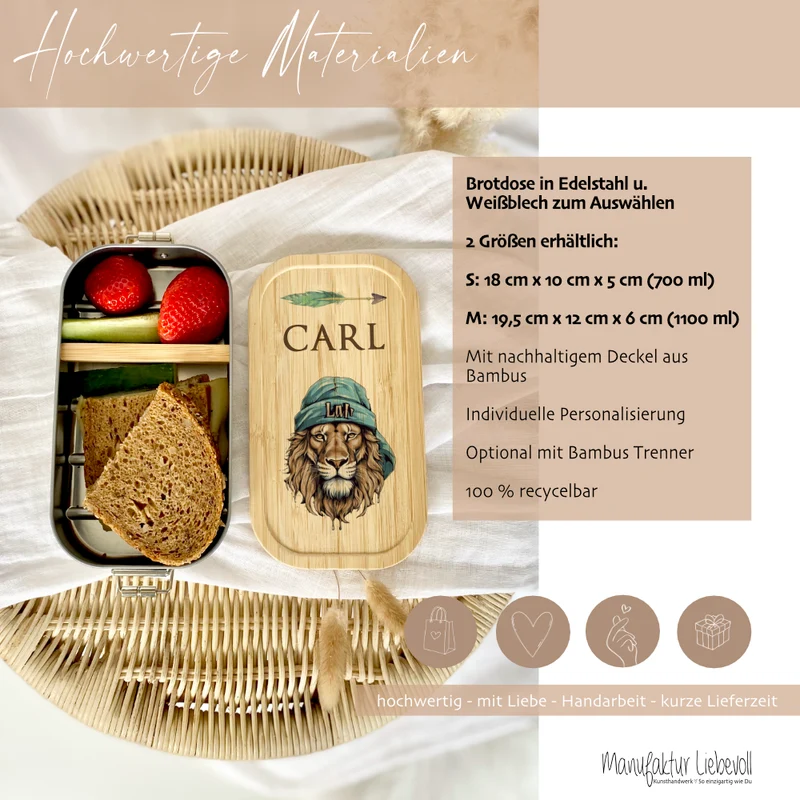 Brotdose "Löwe" wählbar in Edelstahl mit Bambusdeckel und Namen für Kinder | Brotbox mit Tier Motiv | Personalisiertes Geschenk für Kinder