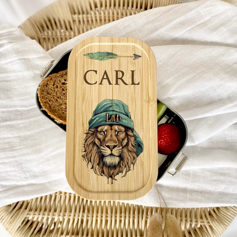 Brotdose "Löwe" wählbar in Edelstahl mit Bambusdeckel und Namen für Kinder | Brotbox mit Tier Motiv | Personalisiertes Geschenk für Kinder