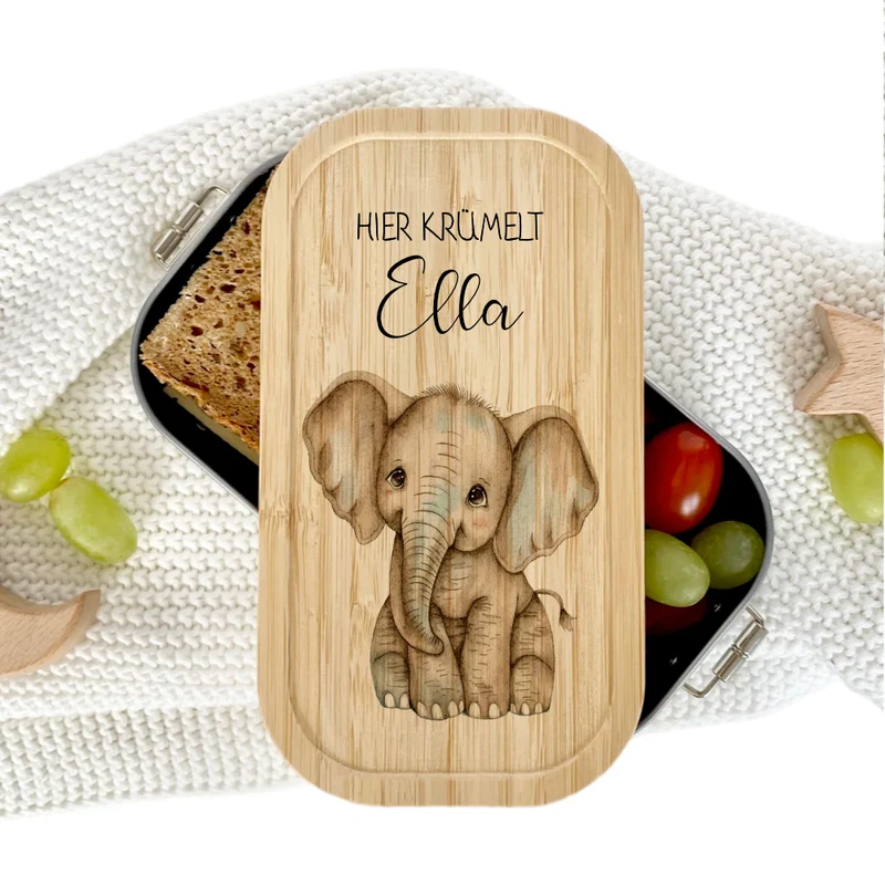 Brotdose "Elefant" wählbar in Edelstahl mit Bambusdeckel und Namen für Kinder | Lunchbox "Elefant" | Personalisiertes Geschenk für Kinder