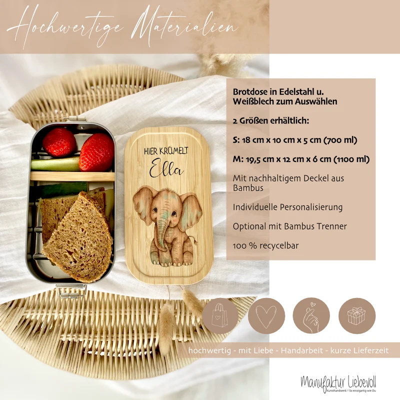 Brotdose "Elefant" wählbar in Edelstahl mit Bambusdeckel und Namen für Kinder | Lunchbox "Elefant" | Personalisiertes Geschenk für Kinder