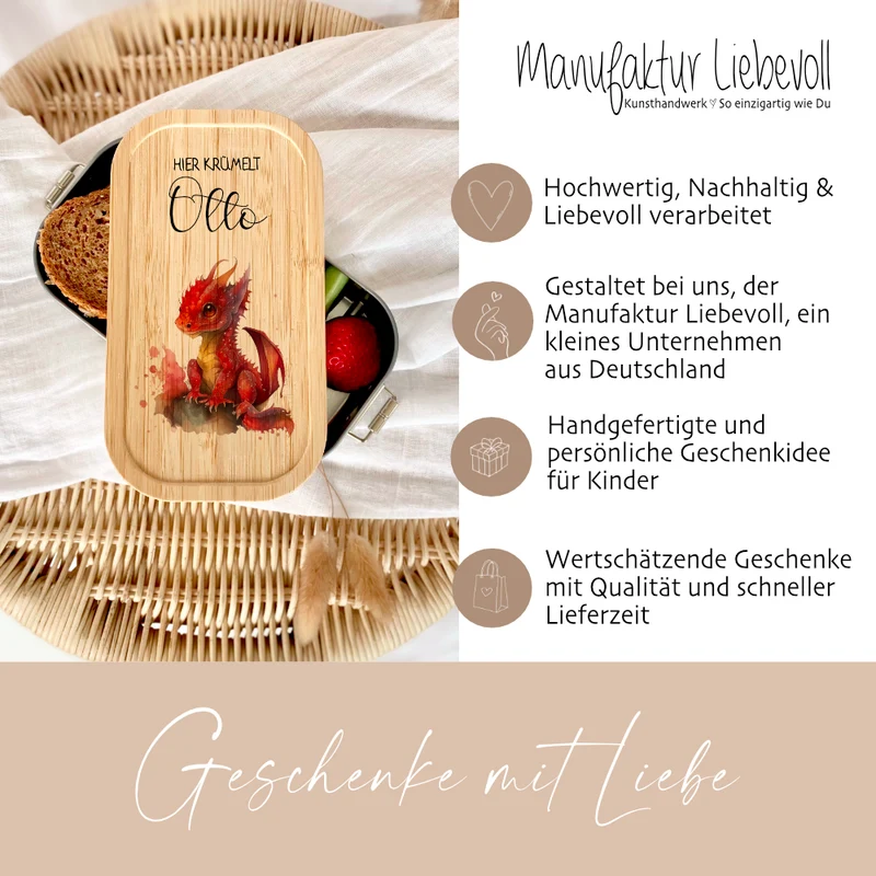 Brotdose "Roter Drache" wählbar in Edelstahl mit Bambusdeckel und Namen für Kinder | Lunchbox "Drache" | Personalisiertes Geschenk für Kinder