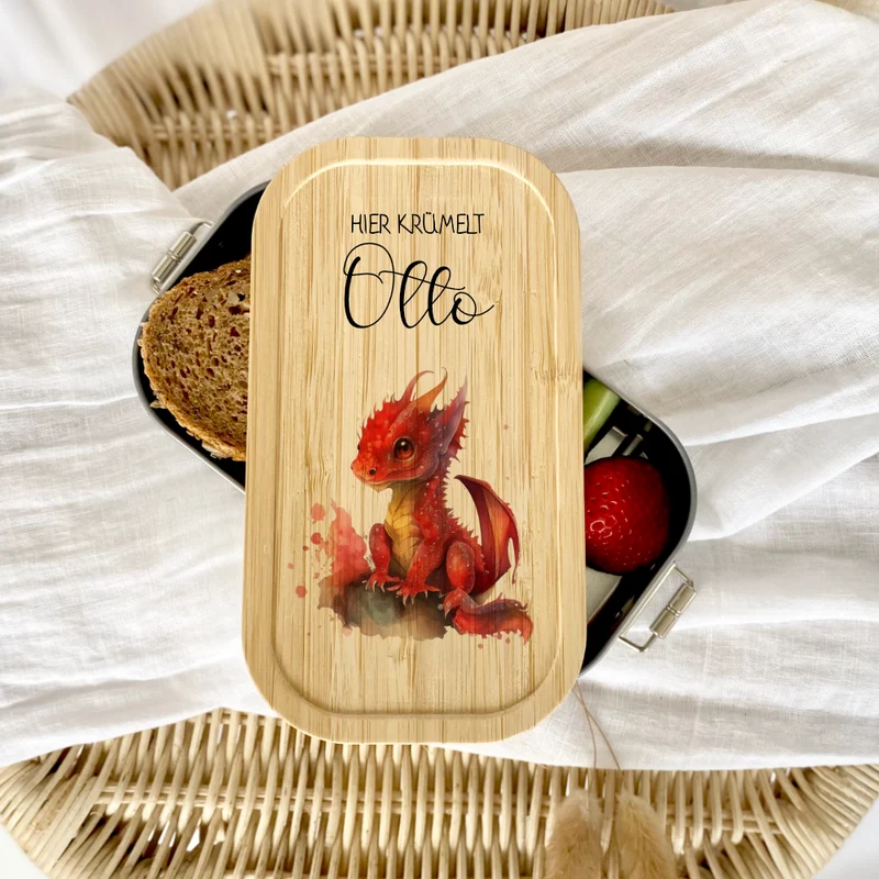 Brotdose "Roter Drache" wählbar in Edelstahl mit Bambusdeckel und Namen für Kinder | Lunchbox "Drache" | Personalisiertes Geschenk für Kinder