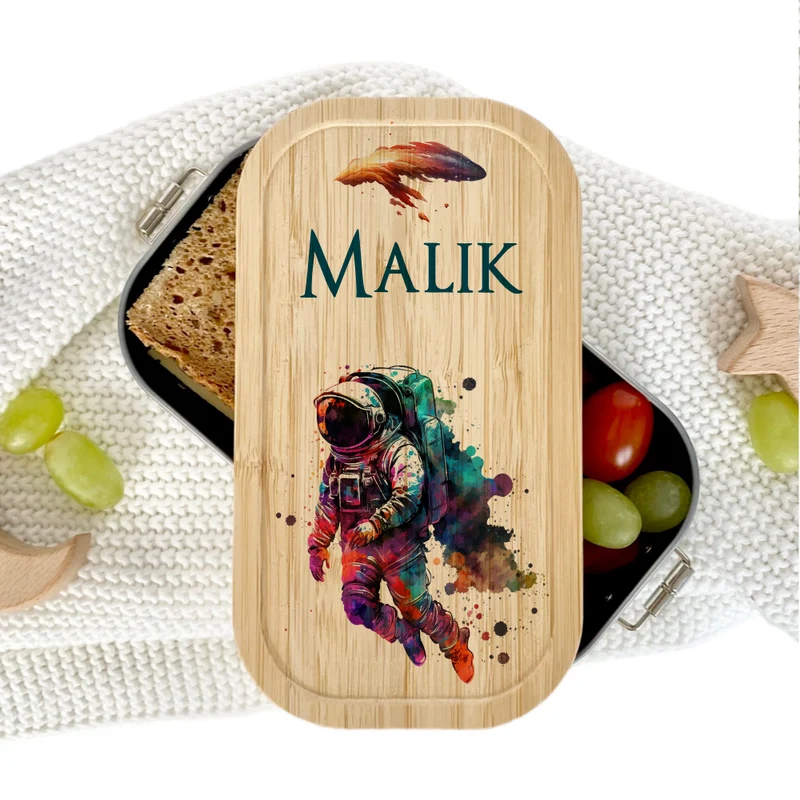 Lunchbox "Astronaut" wählbar in Edelstahl mit Bambusdeckel und Namen für Kinder | Brotdose mit Weltraum Motiv | Personalisiertes Geschenk für Kinder