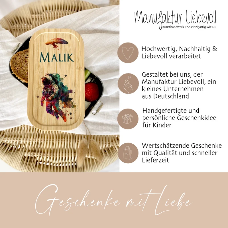 Lunchbox "Astronaut" wählbar in Edelstahl mit Bambusdeckel und Namen für Kinder | Brotdose mit Weltraum Motiv | Personalisiertes Geschenk für Kinder