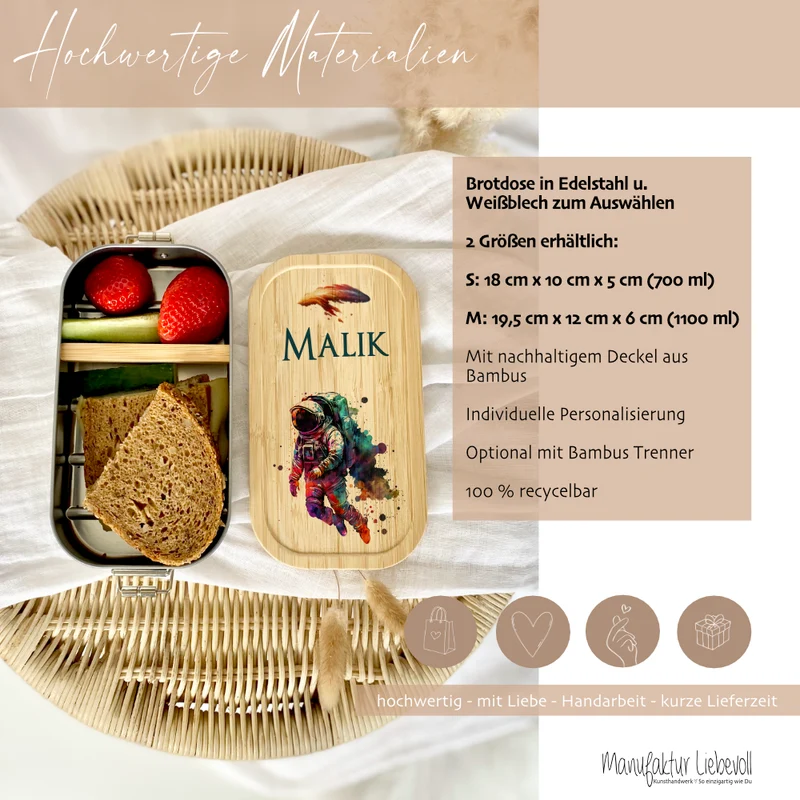 Lunchbox "Astronaut" wählbar in Edelstahl mit Bambusdeckel und Namen für Kinder | Brotdose mit Weltraum Motiv | Personalisiertes Geschenk für Kinder
