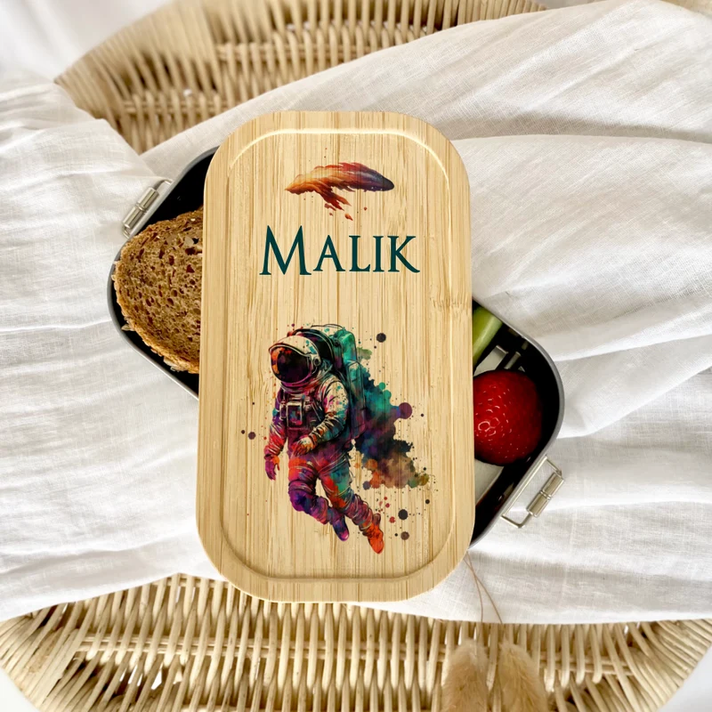 Lunchbox "Astronaut" wählbar in Edelstahl mit Bambusdeckel und Namen für Kinder | Brotdose mit Weltraum Motiv | Personalisiertes Geschenk für Kinder