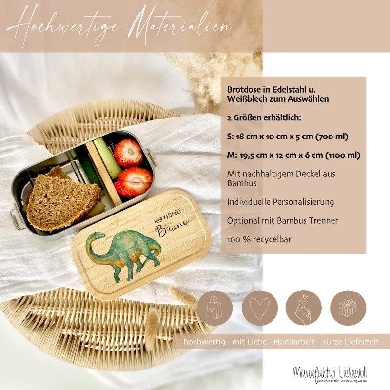 Brotdose "Dinosaurier" wählbar in Edelstahl mit Bambusdeckel und Namen für Kinder | Lunchbox "Dino" | Personalisiertes Geschenk für Kinder