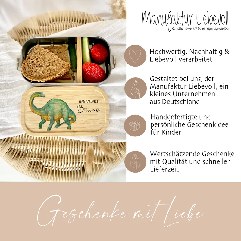 Brotdose "Dinosaurier" wählbar in Edelstahl mit Bambusdeckel und Namen für Kinder | Lunchbox "Dino" | Personalisiertes Geschenk für Kinder