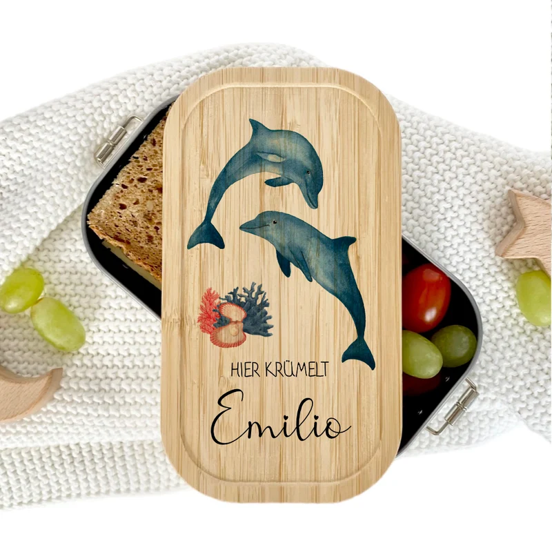 Brotdose "Delfine" wählbar in Edelstahl mit Bambusdeckel und Namen für Kinder | Lunchbox "Meerestiere" | Personalisiertes Geschenk für Kinder