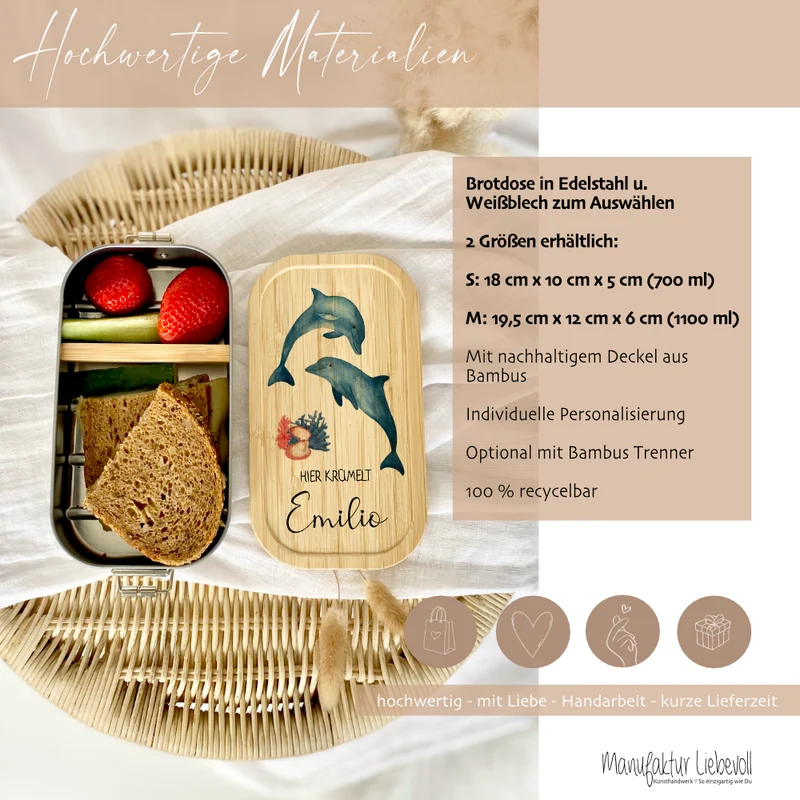 Brotdose "Delfine" wählbar in Edelstahl mit Bambusdeckel und Namen für Kinder | Lunchbox "Meerestiere" | Personalisiertes Geschenk für Kinder