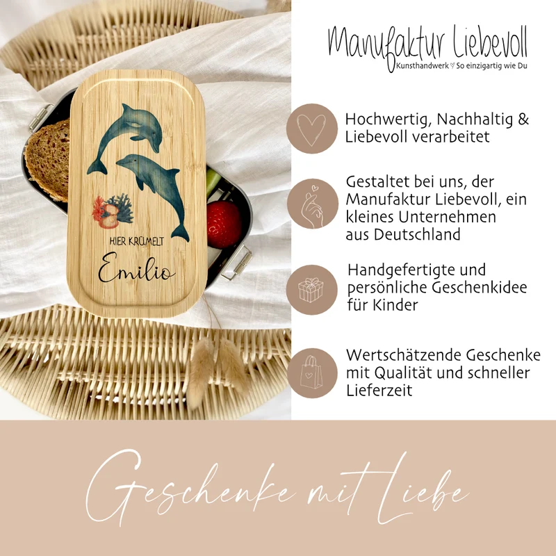 Brotdose "Delfine" wählbar in Edelstahl mit Bambusdeckel und Namen für Kinder | Lunchbox "Meerestiere" | Personalisiertes Geschenk für Kinder