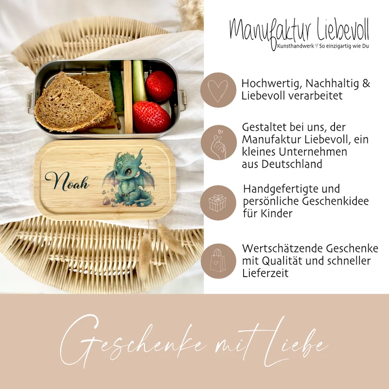 Brotdose "Blauer Drache" wählbar in Edelstahl mit Bambusdeckel und Namen für Kinder | Lunchbox "Fabelwesen" | Personalisiertes Geschenk für Kinder