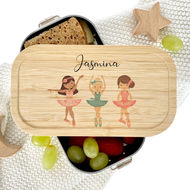 Brotdose "Ballett" wählbar in Edelstahl mit Bambusdeckel und Namen für Kinder | Lunchbox "Ballerina" | Personalisiertes Geschenk für Kinder