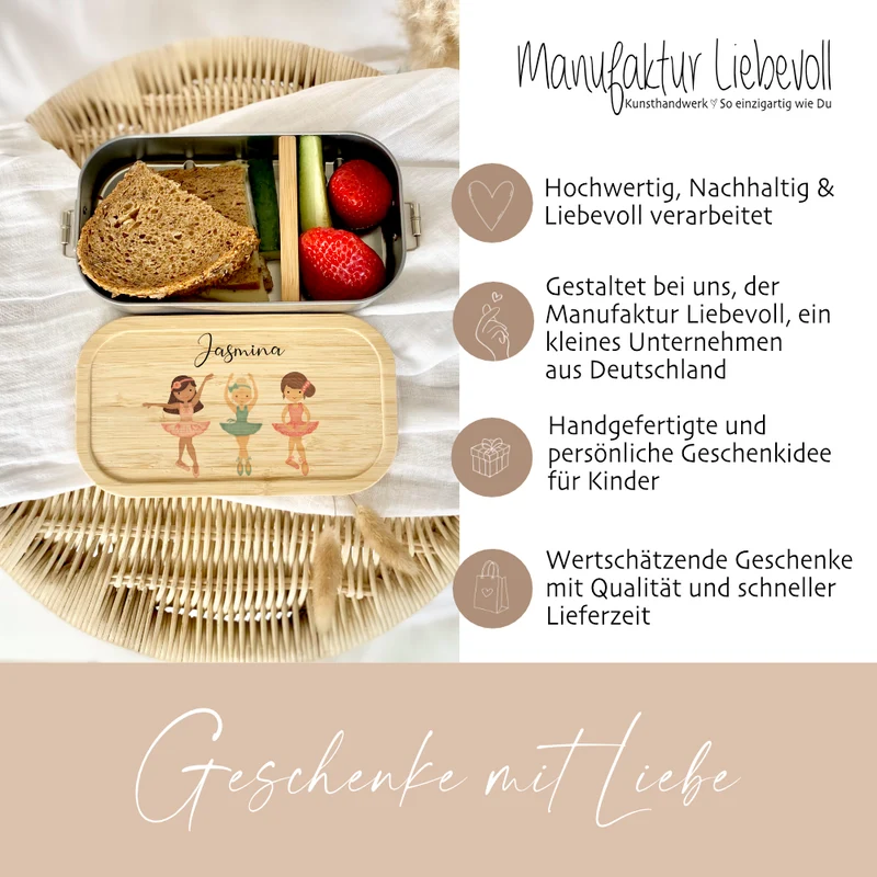 Brotdose "Ballett" wählbar in Edelstahl mit Bambusdeckel und Namen für Kinder | Lunchbox "Ballerina" | Personalisiertes Geschenk für Kinder