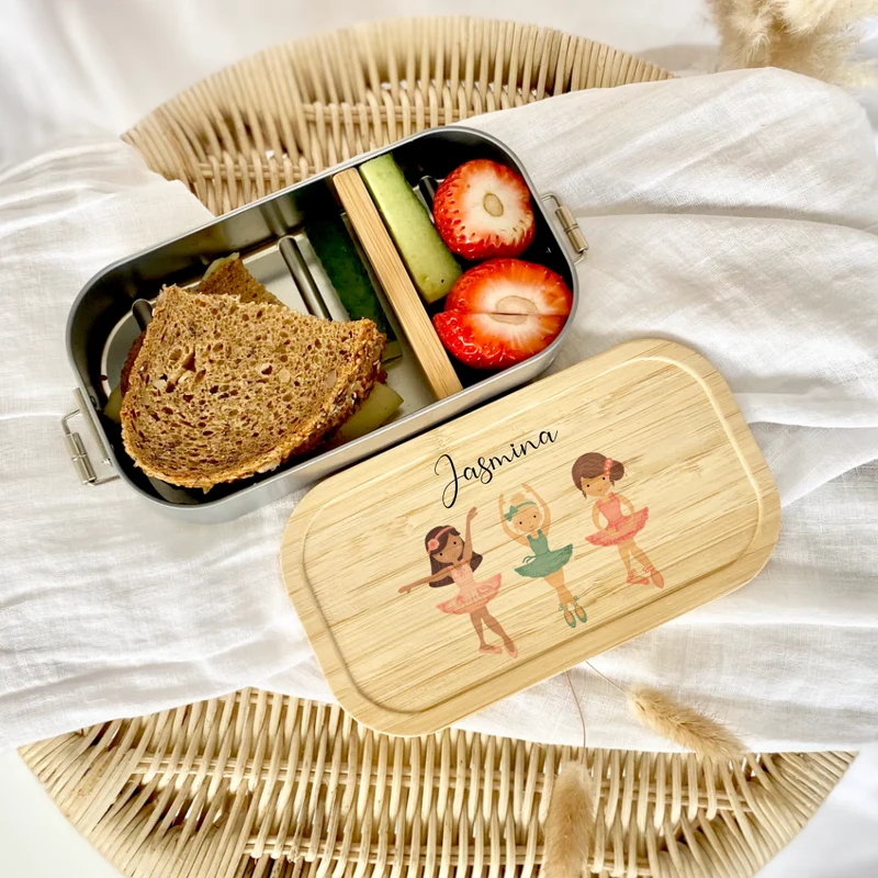 Brotdose "Ballett" wählbar in Edelstahl mit Bambusdeckel und Namen für Kinder | Lunchbox "Ballerina" | Personalisiertes Geschenk für Kinder