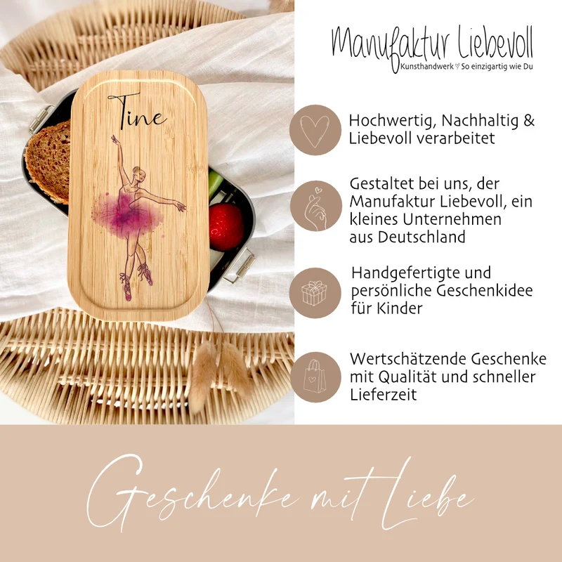 Brotdose "Ballerina" wählbar in Edelstahl mit Bambusdeckel und Namen für Kinder | Lunchbox "Ballett" | Personalisiertes Geschenk für Kinder