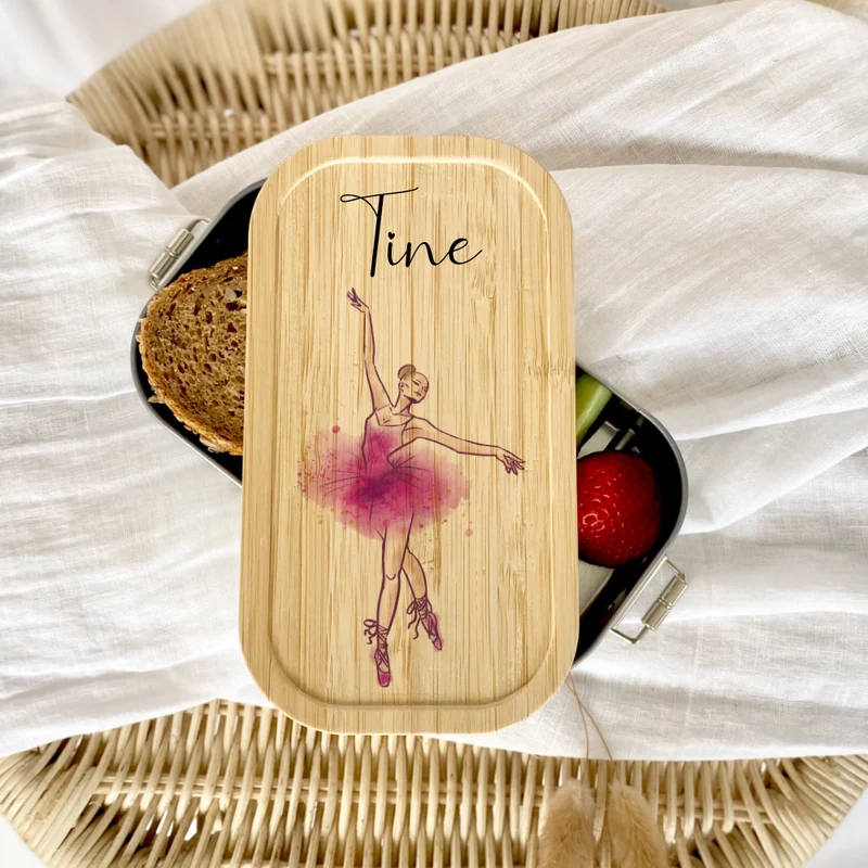 Brotdose "Ballerina" wählbar in Edelstahl mit Bambusdeckel und Namen für Kinder | Lunchbox "Ballett" | Personalisiertes Geschenk für Kinder