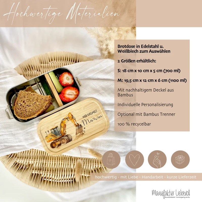 Brotdose "Bagger" wählbar in Edelstahl mit Bambusdeckel und Namen für Kinder | Lunchbox mit Baufahrzeug | Personalisiertes Geschenk für Kinder