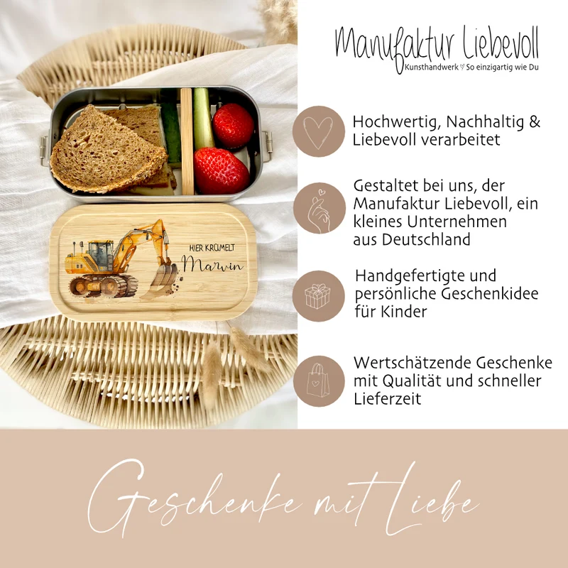 Brotdose "Bagger" wählbar in Edelstahl mit Bambusdeckel und Namen für Kinder | Lunchbox mit Baufahrzeug | Personalisiertes Geschenk für Kinder
