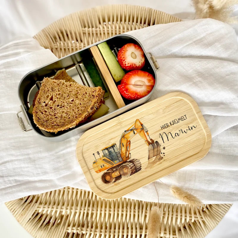 Brotdose "Bagger" wählbar in Edelstahl mit Bambusdeckel und Namen für Kinder | Lunchbox mit Baufahrzeug | Personalisiertes Geschenk für Kinder