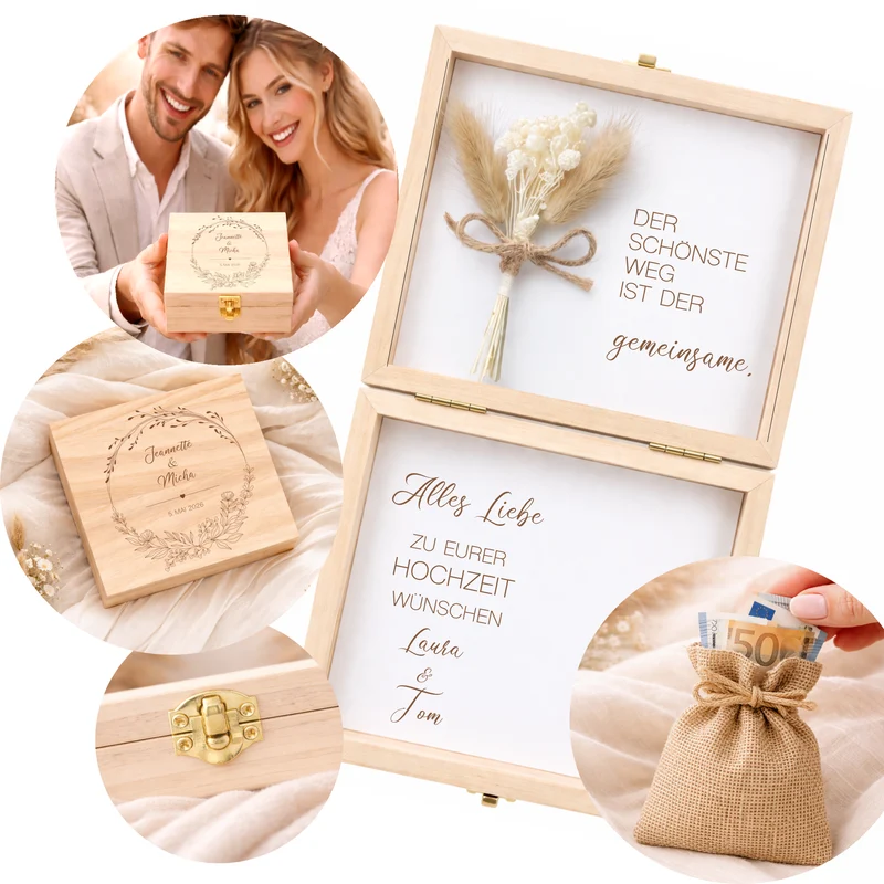 Geldgeschenk Hochzeit personalisiert | Hochzeitsgeschenk Brautpaar mit Namen & Datum | Holzbox Geldgeschenk Hochzeit mit Jutesack