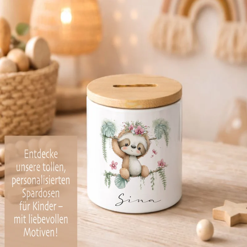 Personalisierte Keramik-Spardose mit Bambusdeckel für Kinder & Babys | Individuelles Geldgeschenk mit Namen | Motive: Igel, Faultier, Otter, Ente, Küken