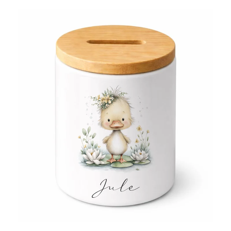 Personalisierte Keramik-Spardose mit Bambusdeckel für Kinder & Babys | Individuelles Geldgeschenk mit Namen | Motive: Igel, Faultier, Otter, Ente, Küken