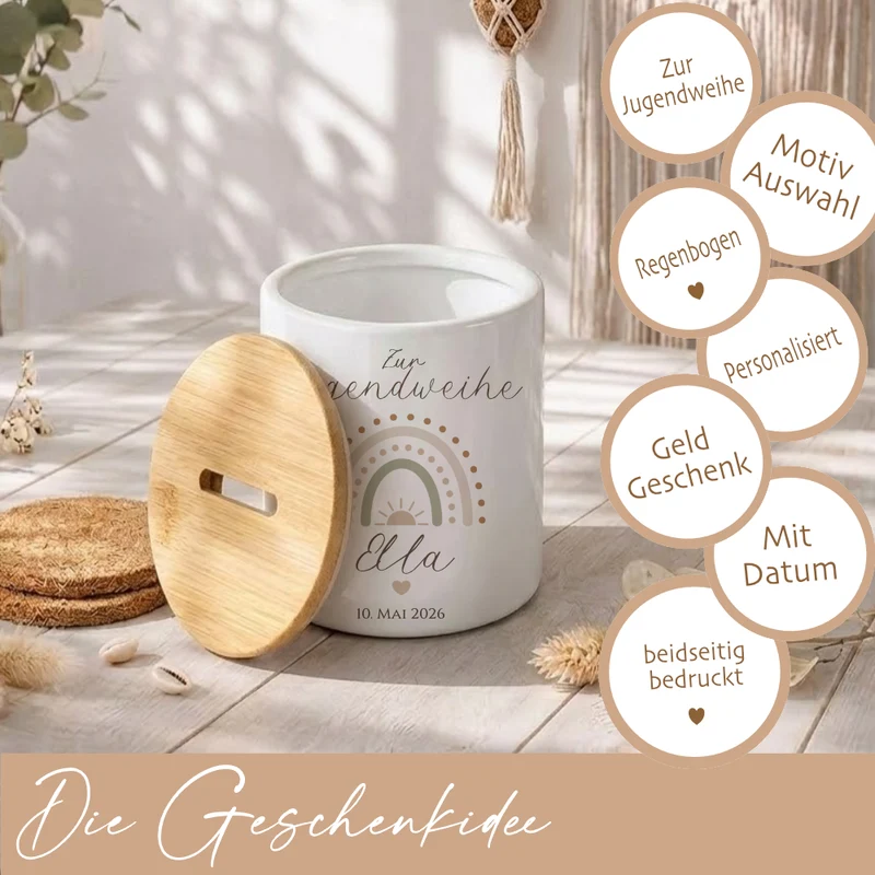 Personalisierte Spardose zur Jugendweihe mit Bambusdeckel – Keramik Sparbüchse mit Namen & Datum – Geldgeschenk Boho Regenbogen – 4 Motive zur Auswahl