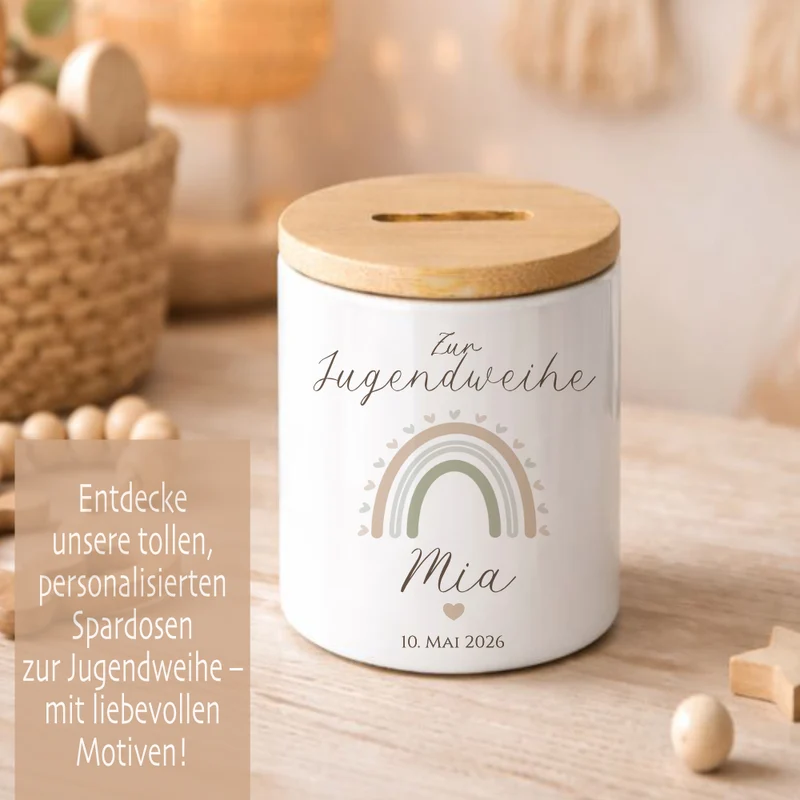 Personalisierte Spardose zur Jugendweihe mit Bambusdeckel – Keramik Sparbüchse mit Namen & Datum – Geldgeschenk Boho Regenbogen – 4 Motive zur Auswahl