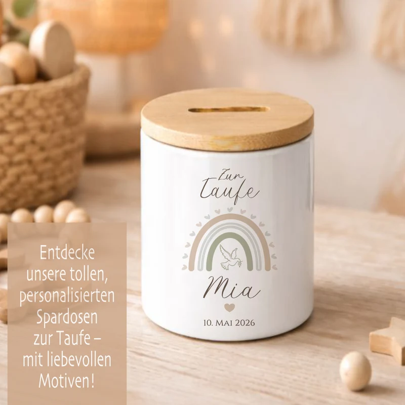 Personalisierte Spardose zur Taufe aus Bambus – Individuelles Taufgeschenk mit Gravur